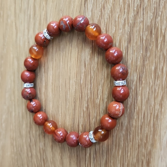 Red Jasper & Carnelian Bead Stretch Hand Crafted Bracelet - Picture 2 of 11